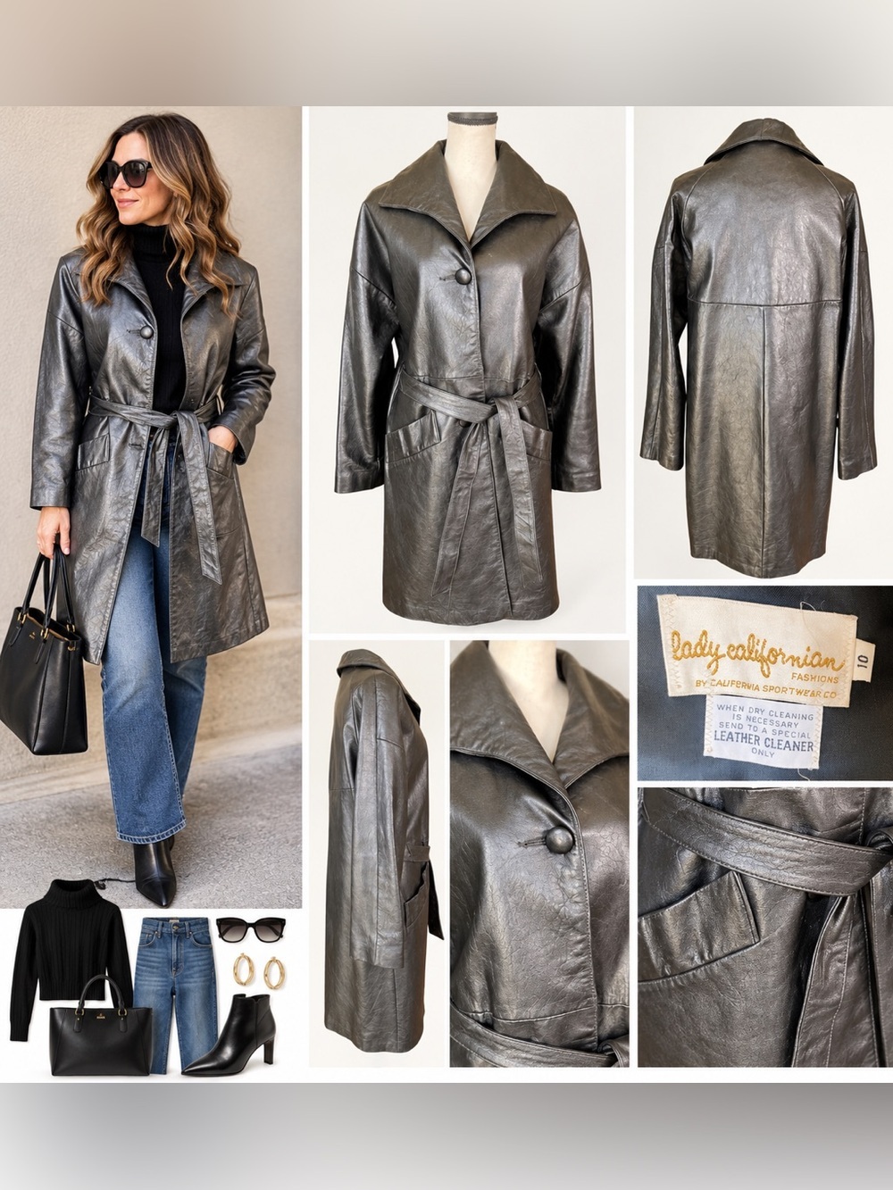 Vintage Lady Californian Black Genuine Leather Belted Trench Sz10